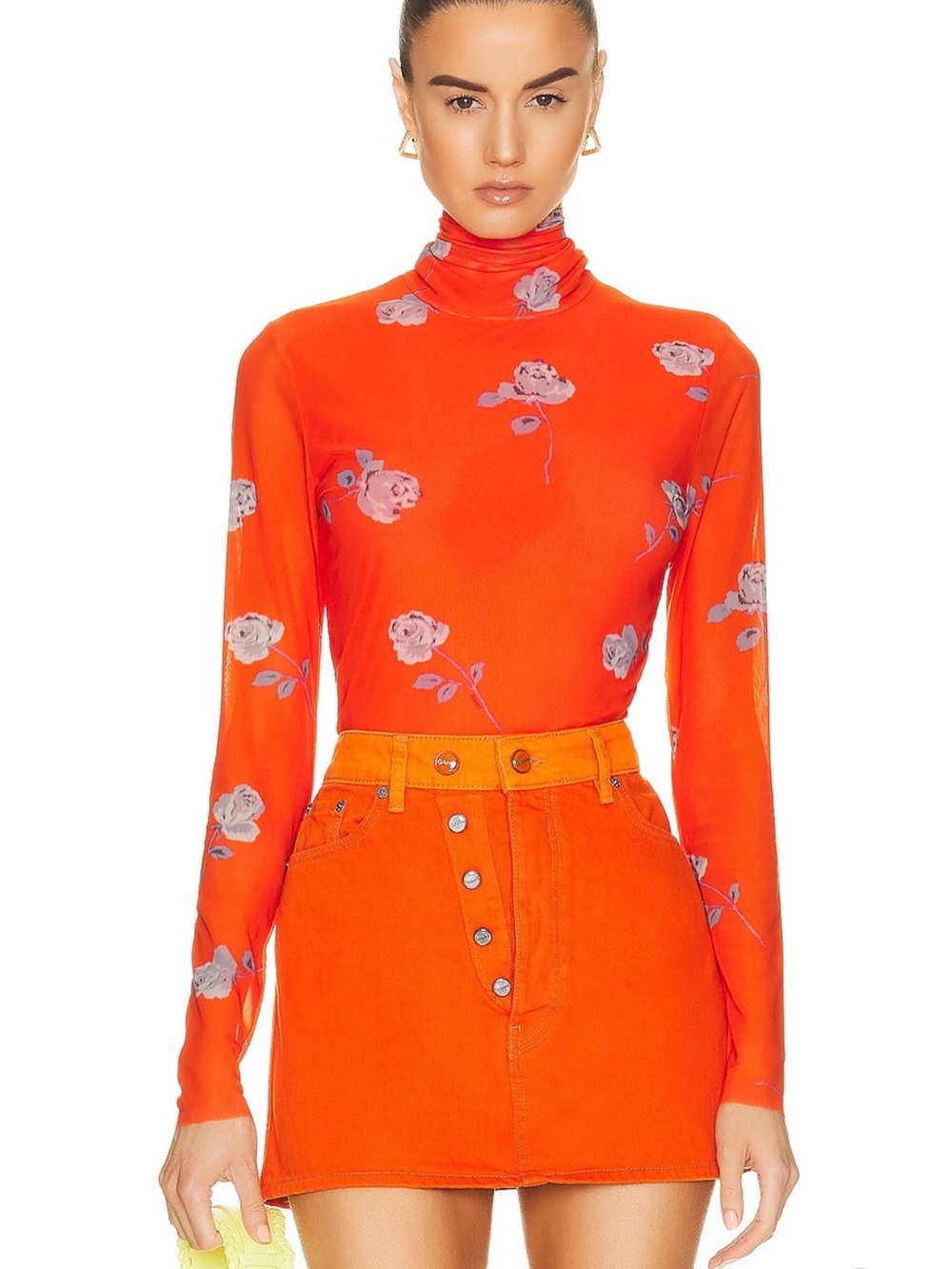 GANNI Printed Mesh Long Sleeve Rollneck in Orangeade Size 4 NWOT